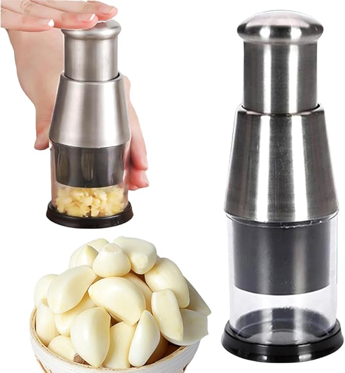 Stainless Steel Garlic Press Mincer with Comfortable Grip, Built-in Spring, 6.3 Inch Height, Clear Collection Cup